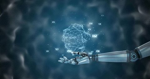 Robotic arm presenting holographic data sphere over digital network grid