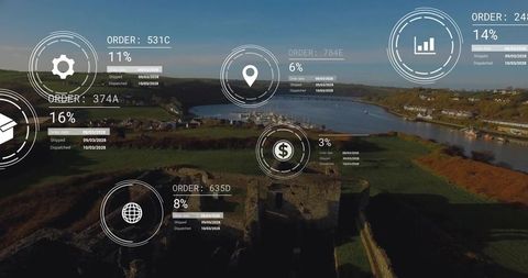 Aerial view overlooking coastal castle ruin with logistics hud overlays and harbor analytics