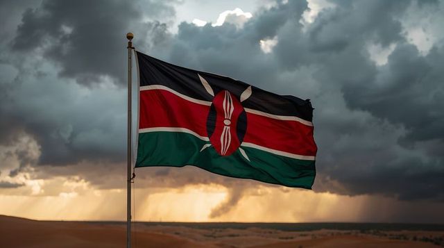 Kenya flag waving against dramatic storm clouds over golden savanna horizon at sunset
