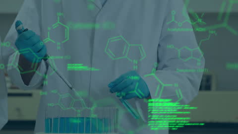 Scientist Conducting Experiment with Virtual Chemical Data Overlay