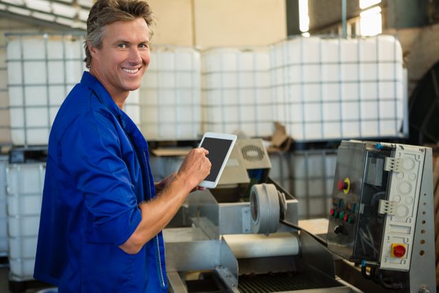 Portrait of smiling worker using digital tablet in factory