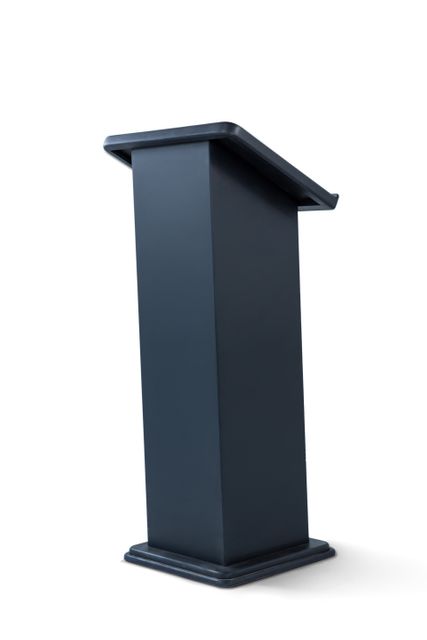 Black podium standing alone against a white background. Ideal for use in presentations, speeches, conferences, seminars, and public speaking events. Suitable for business, educational, and professional settings. The minimalist design makes it versatile for various themes and purposes.