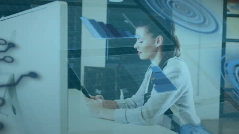 Businesswoman Utilizing Smartphone with Data Visualization Overlays