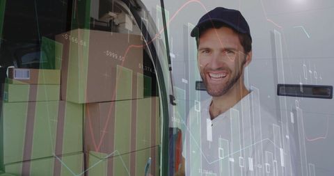Delivery man overlaid with financial charts in a technology concept