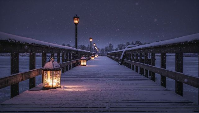 Snowy pier at night with lanterns leading toward frozen lake and warm amber glow
