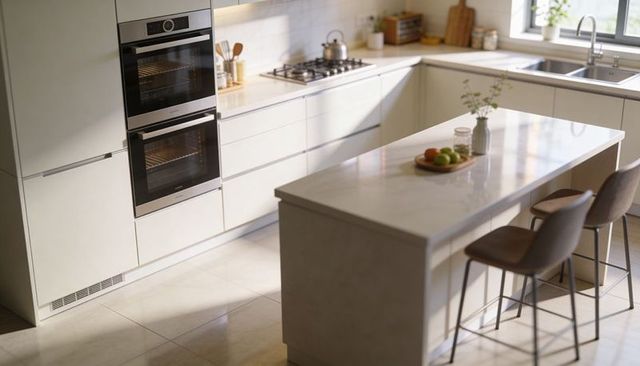 Sunlit marble kitchen island featuring upholstered stools, fruit plate and minimalist design