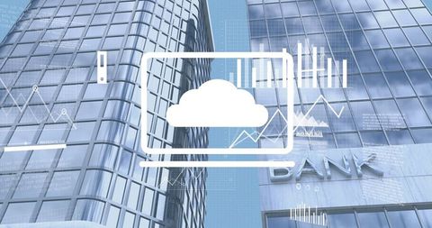 Digital cloud tech in banking between skyscrapers with financial data overlay