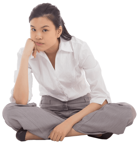 Transparent grumpy businesswoman sitting cross-legged