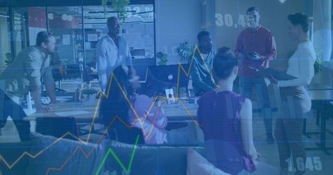 Business leader presenting analytics to team in office, discussing charts and collaboration