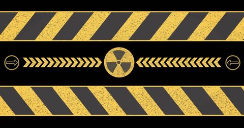 Nuclear hazard symbol over black industrial background