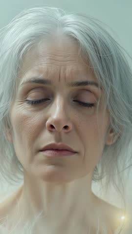 Senior woman breathing with glowing orb in soft-lit wellness vertical video