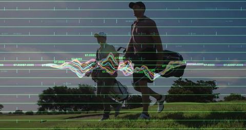 Golfers Crossing Fairway with Digital Data Overlay