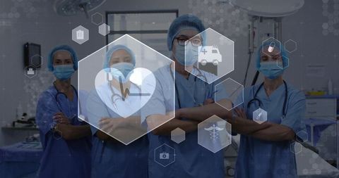 Surgical team standing with arms crossed in operating room featuring digital health icons