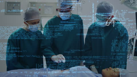 Diverse Medical Team in Surgery with Data Overlay