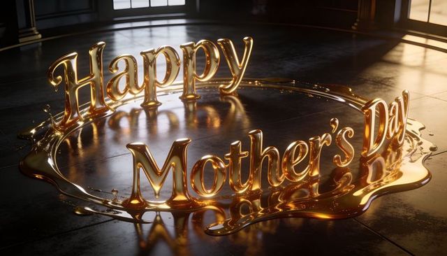 Golden happy mother's day liquid sculpture reflecting warm light in elegant atrium cinematic