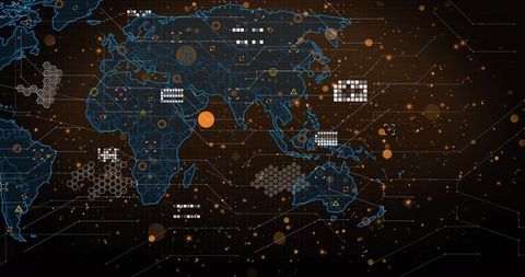 Futuristic World Map Data Visualization with Hex Clusters and Orange Nodes