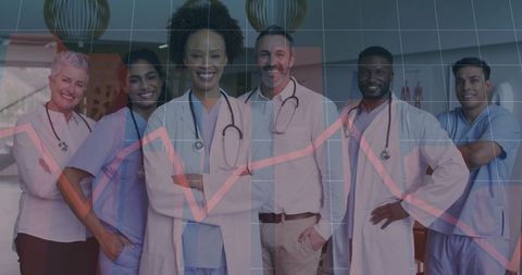 Diverse medical team posing with data analytics overlay showing healthcare growth trend