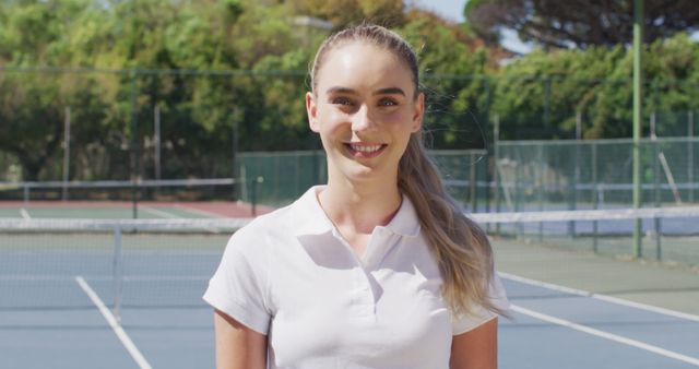 Image of happy caucasian female tennis player looking at camera. professional tennis training, sport and competition concept.