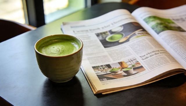 Savoring matcha latte morning ritual, ceramic cup on cafe table with open newspaper
