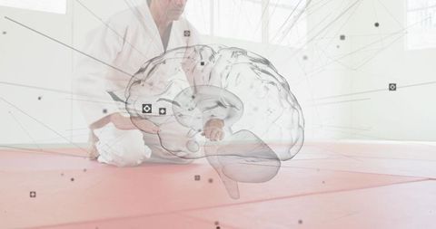 Aikido meditation kneeling on red mat with holographic brain and neural network overlay