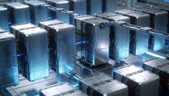 Glowing modular server racks humming on overhead rail in futuristic data center with blue leds