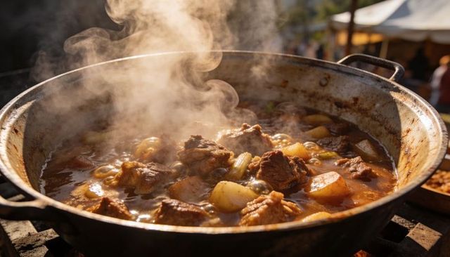 Rustic beef stew simmering in outdoor cauldron over open fire