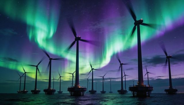 Aurora-lit offshore wind farm with rotating turbines reflecting on midnight sea, vivid sky