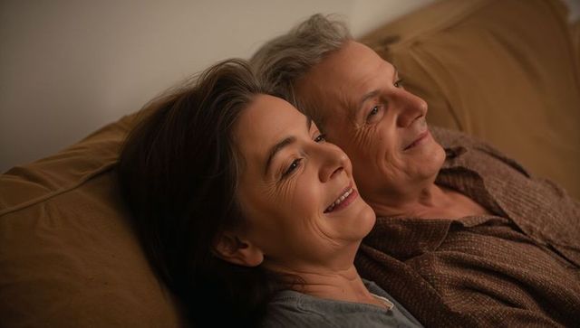 Mature couple relaxing on sofa at home during cozy evening, sharing quiet contentment