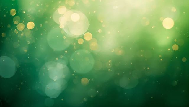 Shimmering emerald bokeh with golden sparkle and soft glowing particles for elegant design
