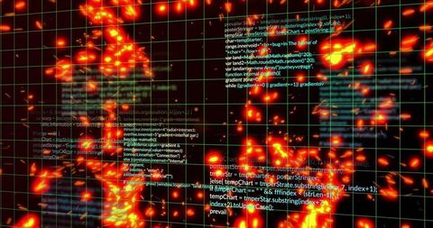 Visualizing neon grid and heatmap with floating code for futuristic data analytics panel
