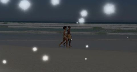 Romantic dusk beach stroll with glowing bokeh orbs, couple walking along wet shoreline