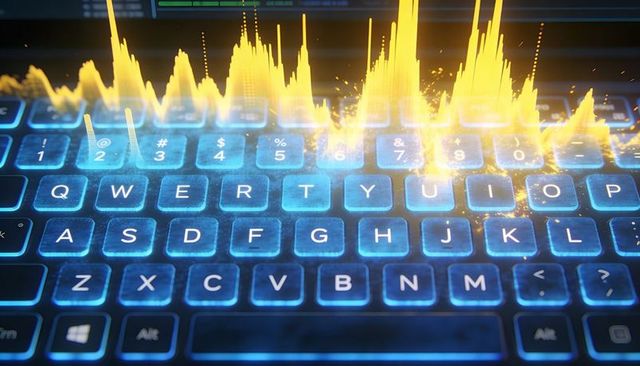 Glowing blue backlit qwerty keyboard with animated yellow waveform for tech concepts