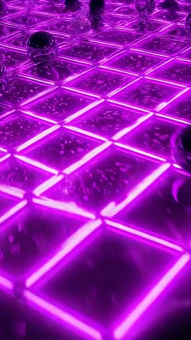 Panning Top-Down Over Neon Violet Grid with Reflective Metallic Spheres, Futuristic Vertical Video