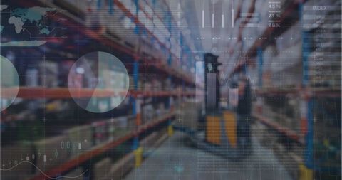 Forklift Navigating High-Tech Warehouse with Data Integration