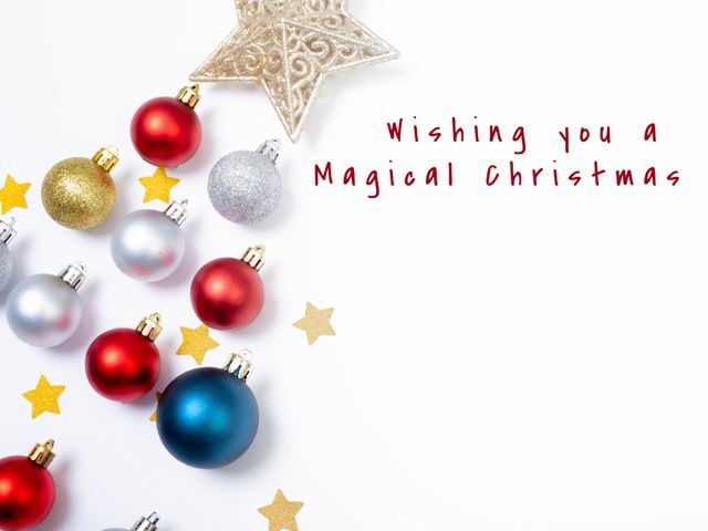 This festive Christmas greeting features colorful baubles and star ornaments arranged like a Christmas tree with a heartfelt holiday message. Perfect for creating holiday cards and invites that capture the Christmas spirit. Ideal for both personal and corporate use to send warm wishes during the festive season.