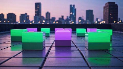 Luminescent cubes on modern rooftop with futuristic city view
