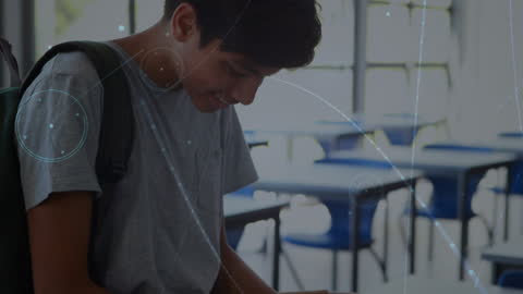 Student Analyzing Digital Data with Futuristic Interface in Classroom