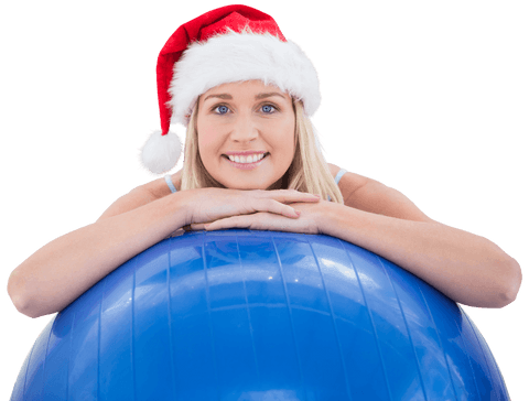 Festive Blonde Woman Leaning on Transparent Exercise Ball