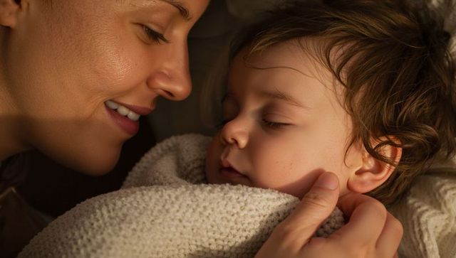 Mother cradling sleeping baby, tender bonding moment, warm cozy family intimacy