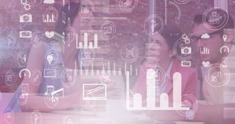 Business Team Analyzing Data with Digital Interface Overlays