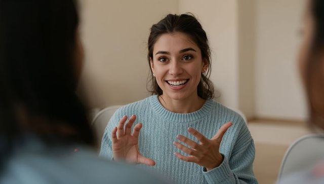 Engaged young woman smiling and gesturing in group discussion wearing light-blue sweater