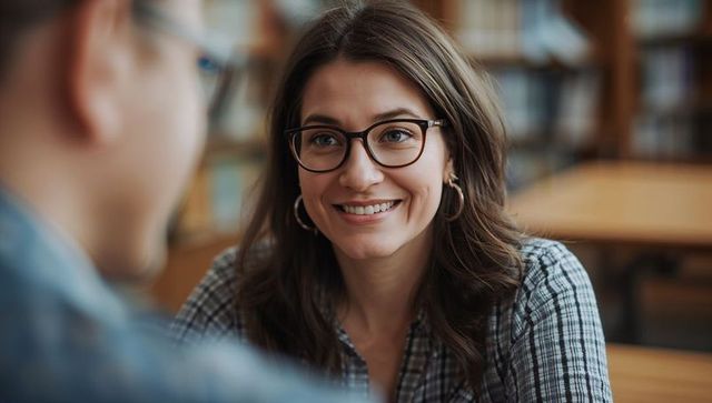 Smiling student wearing glasses and hoop earrings studying and chatting at library table