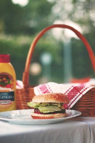 Summer picnic burger sitting on plate with wicker basket, red-checked cloth and mustard