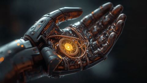 Robotic hand holding glowing clockwork core with exposed wiring, chrome gears showcasing ai energy