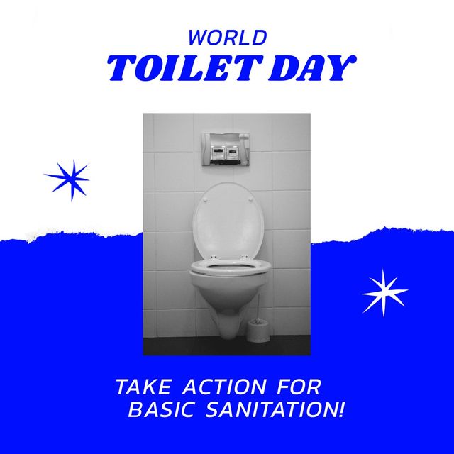 Square image of world toilet day and sanitation text and toilet in bathroom on blue and white. World toilet day, global sanitation crisis awareness concept digitally generated image.