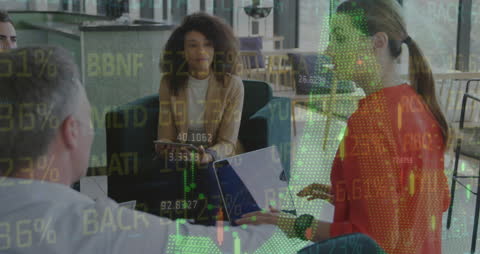 Diverse Team Collaborating with Stock Market Data Animation