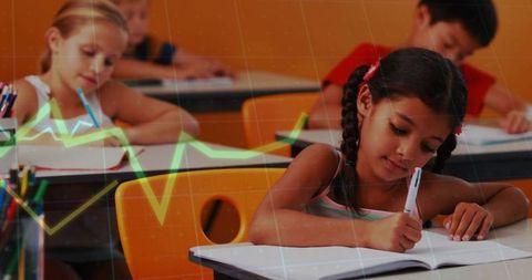 Elementary student writing at desk with braided hair, colorful pencils and classroom focus