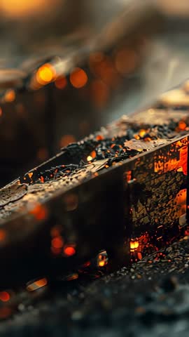 Glowing embers flaring on metal grate over hearth — vertical slow-motion fire close-up
