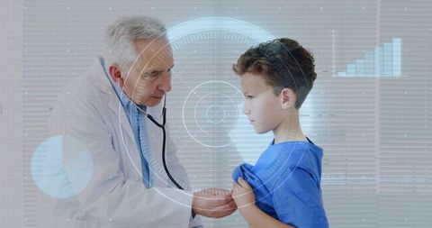 Pediatrician listening to boy with stethoscope during checkup with futuristic medical hud