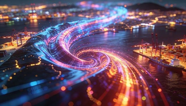 Swirling neon data vortex sweeping through port waters, glowing cargo cranes and channels